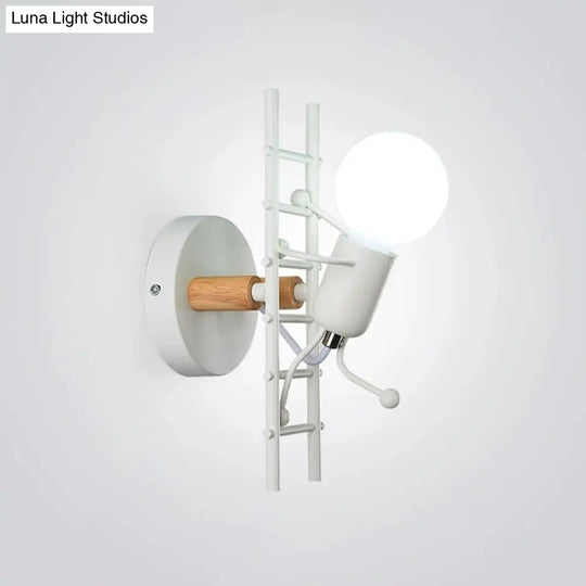 Modern Grey/White Wood Ladder Man Wall Sconce - 1-Bulb Metallic Mounted Light Fixture