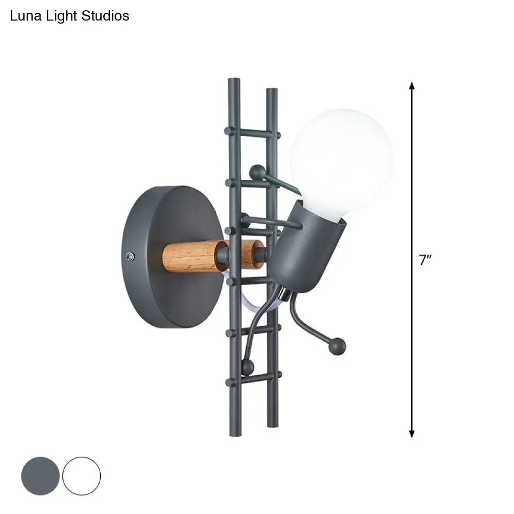 Modern Grey/White Wood Ladder Man Wall Sconce - 1-Bulb Metallic Mounted Light Fixture