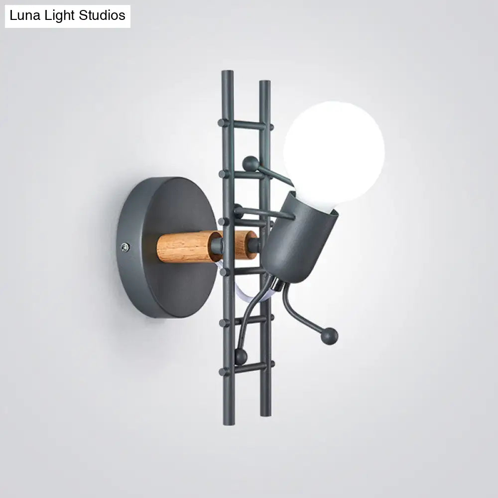 Modern Grey/White Wood Ladder Man Wall Sconce - 1-Bulb Metallic Mounted Light Fixture