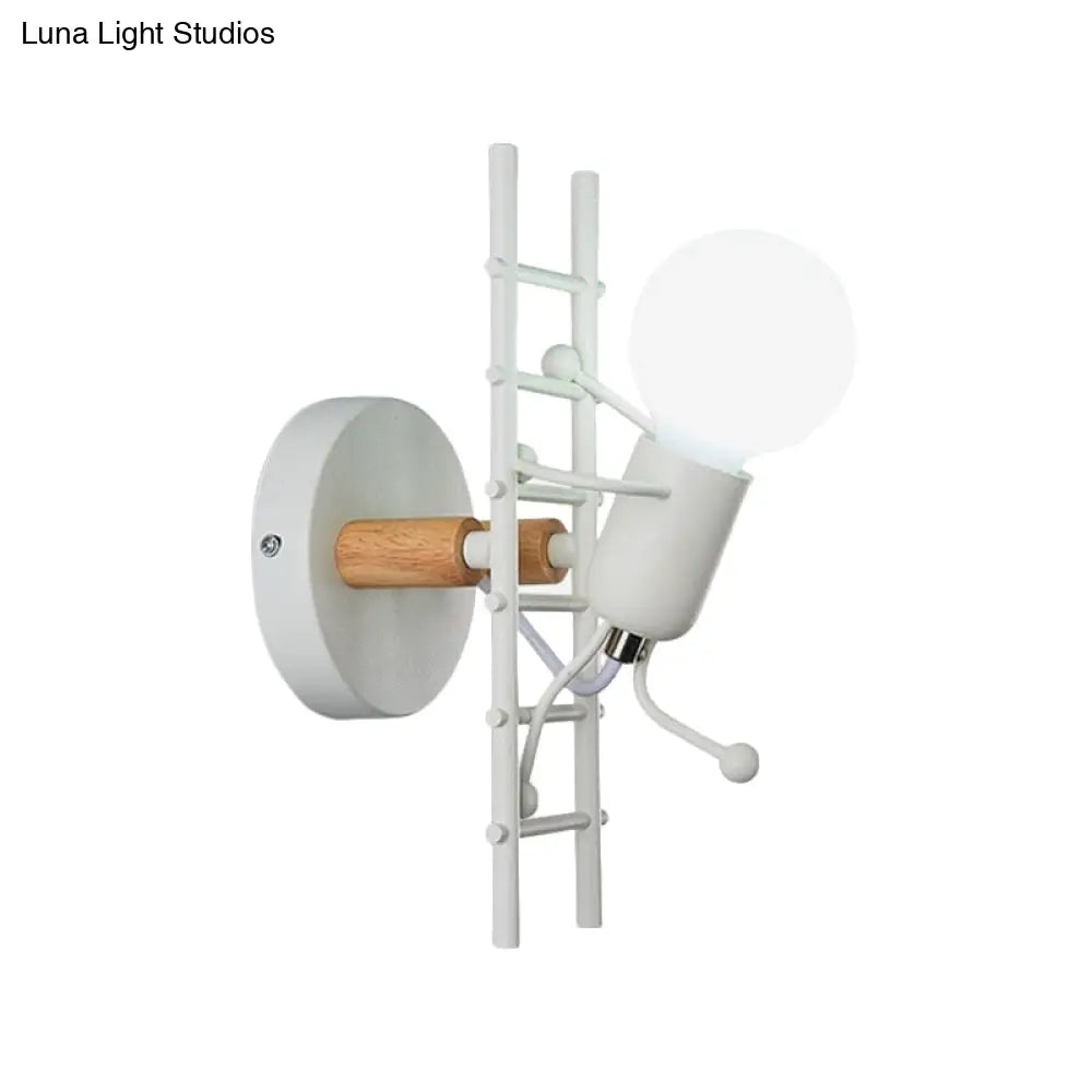 Modern Grey/White Wood Ladder Man Wall Sconce - 1-Bulb Metallic Mounted Light Fixture