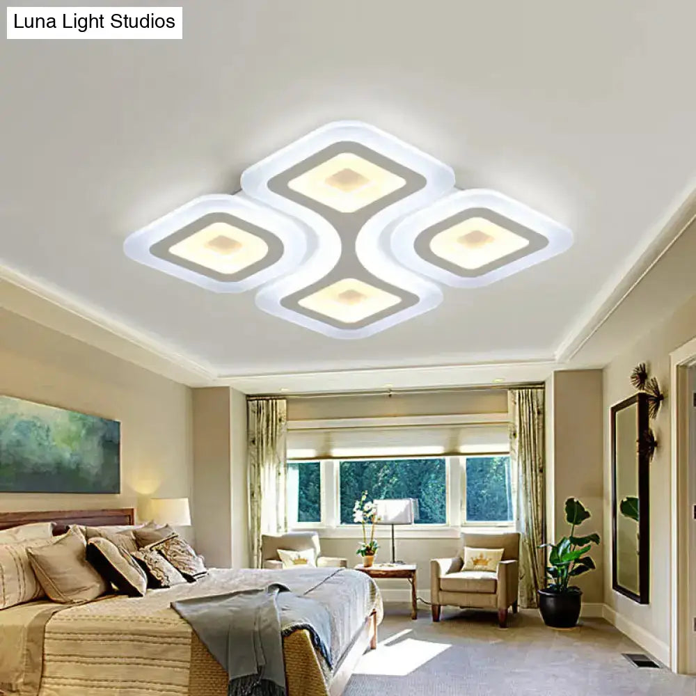 Modern Grid Design Led Flush Light - White Square/Rectangle Ceiling Mount In 3 Sizes