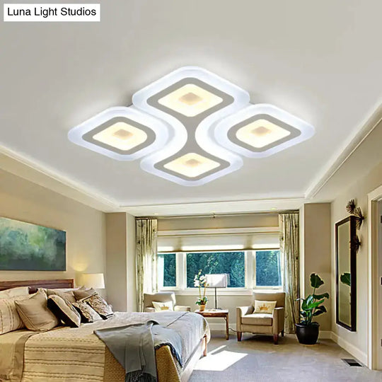 Modern Grid Design Led Flush Light - White Square/Rectangle Ceiling Mount In 3 Sizes