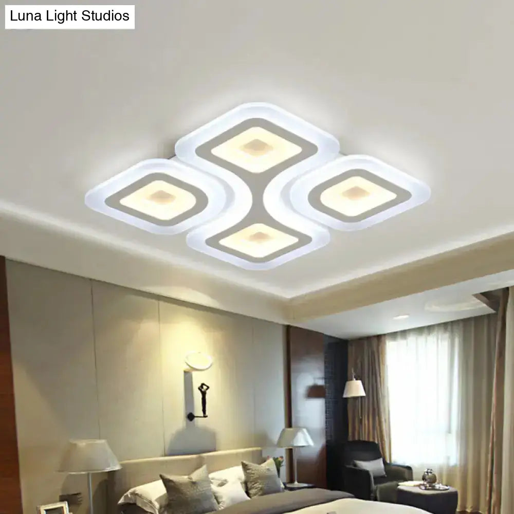 Modern Grid Design Led Flush Light - White Square/Rectangle Ceiling Mount In 3 Sizes