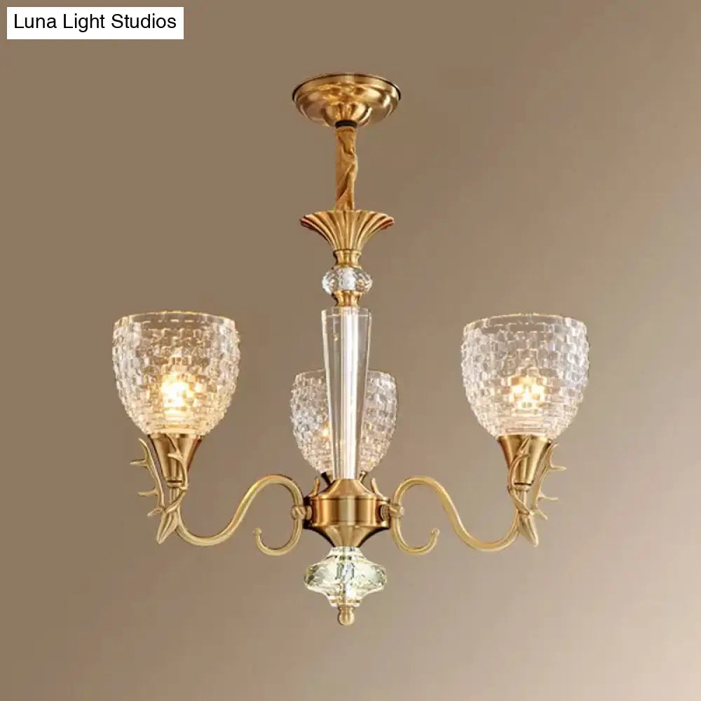 Modern Gridded K9 Crystal Chandelier - Bell Dining Room Pendant With 3 Brass Hanging Lights