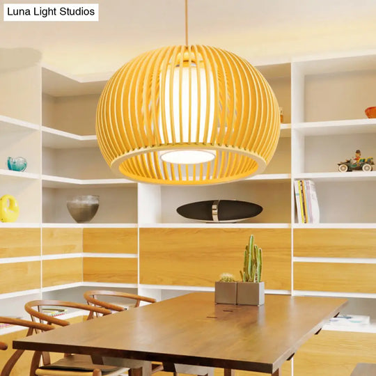 Modern Half-Globe Wooden Pendant Light - 13/18 W Inner Shade Dining Table Suspension