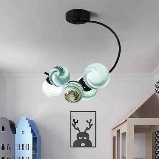 Modern Hand Blown Glass Ball Ceiling Lamp - Semi Flush Mount Lighting (3/5 Lights) In Black/White 5