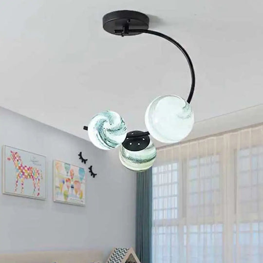 Modern Hand Blown Glass Ball Ceiling Lamp - Semi Flush Mount Lighting (3/5 Lights) In Black/White 3