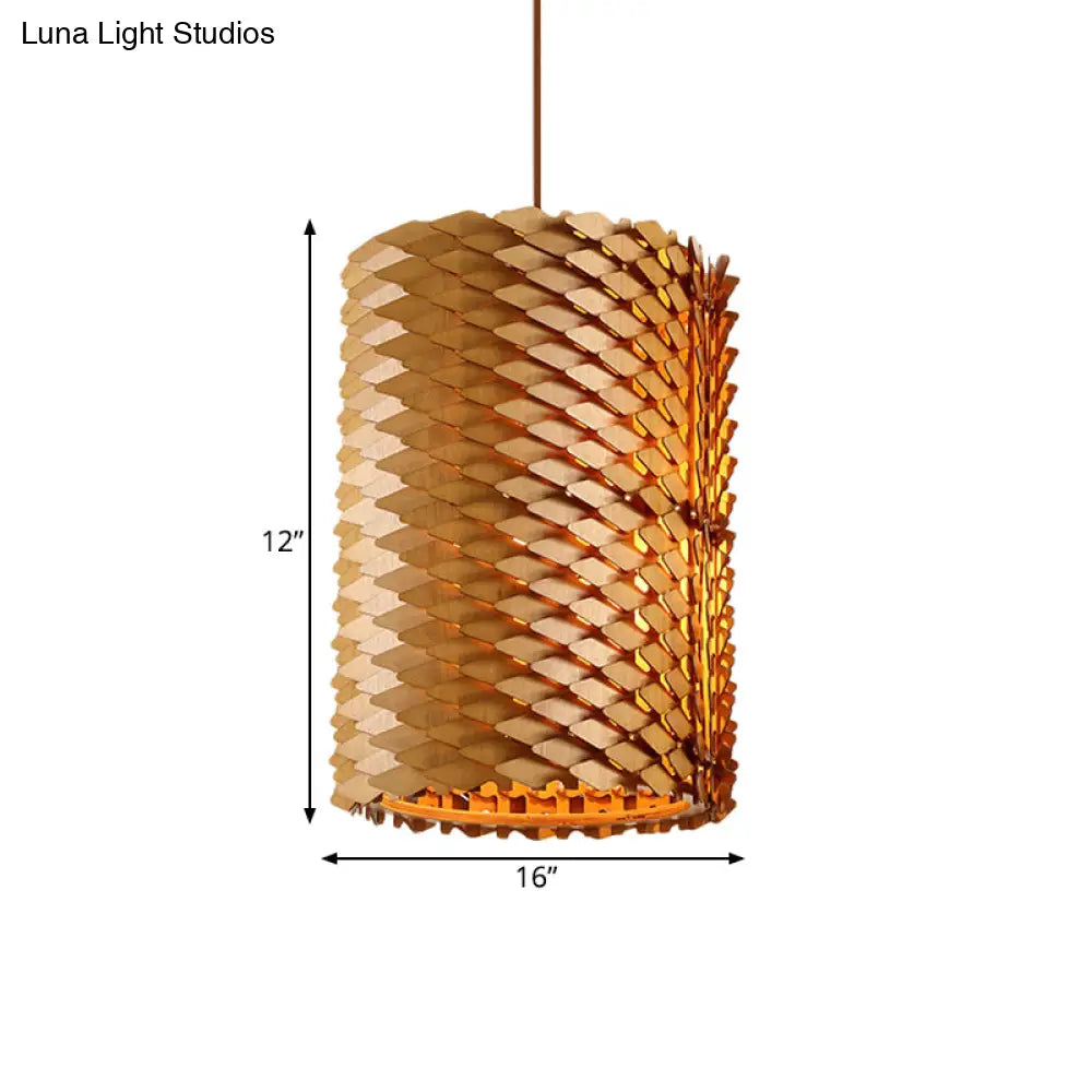 Modern Hand Crafted Wood Cylindrical Pendant Lamp With Squama Surface - 1 Light Beige