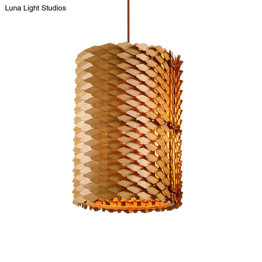 Modern Hand Crafted Wood Cylindrical Pendant Lamp With Squama Surface - 1 Light Beige