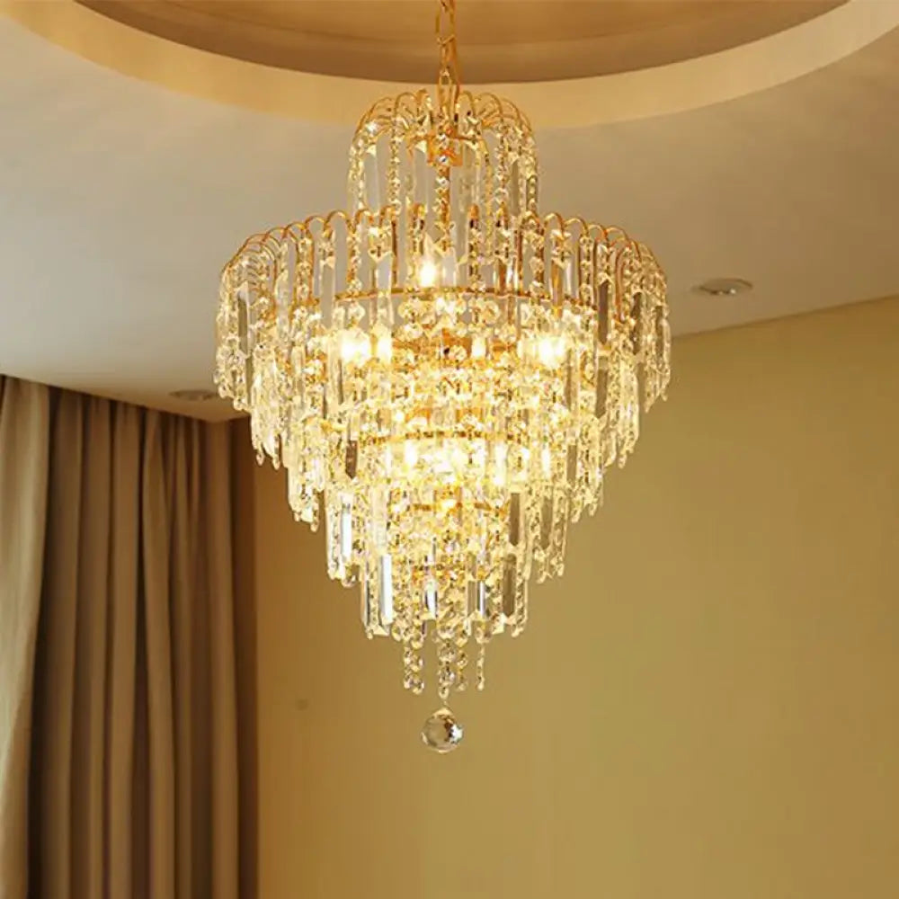 Modern Hand-Cut Crystal Chandelier Lamp - Tapered 12’/16’ Wide 3/6-Head Suspended Gold Lighting