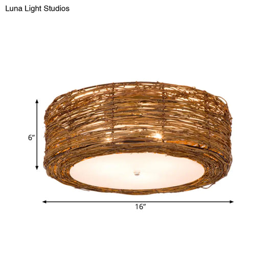 Modern Hand-Woven Flush Mount Rattan Lamp With 3 Lights - Brown 16/19.5 W