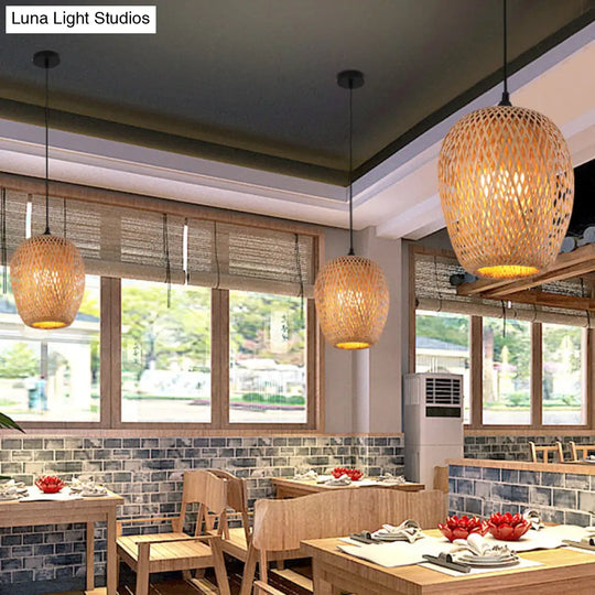 Modern Handcrafted Bamboo Pendant Light - Single Wood Hanging Ceiling Lamp For Restaurants