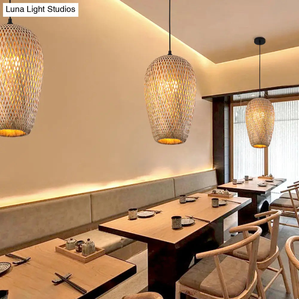 Modern Handcrafted Bamboo Pendant Light - Single Wood Hanging Ceiling Lamp For Restaurants