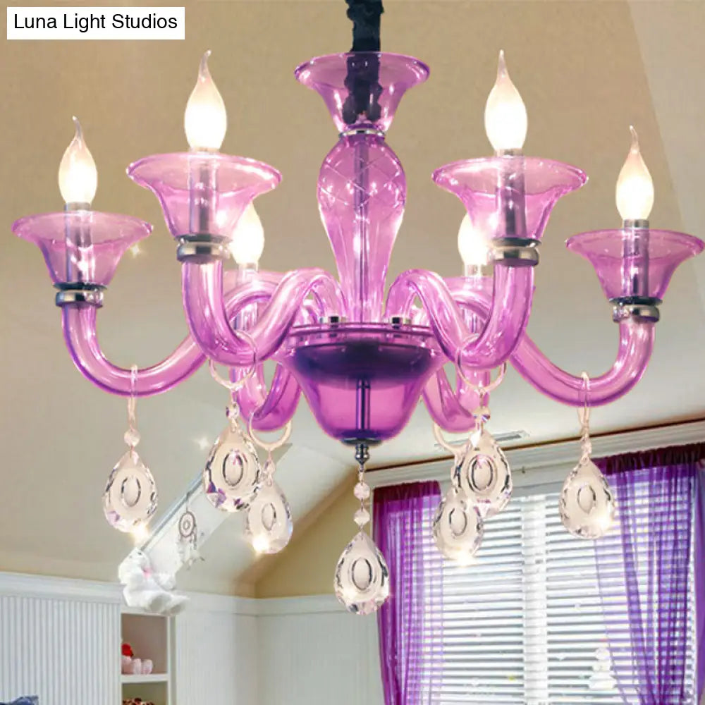 Modern Hanging Chandelier With Clear Crystal Glass 6 Bulbs - Purple Pendant Ceiling Light