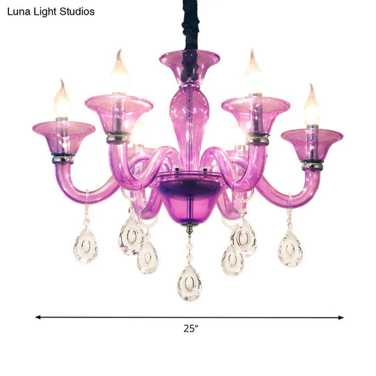 Modern Hanging Chandelier With Clear Crystal Glass 6 Bulbs - Purple Pendant Ceiling Light