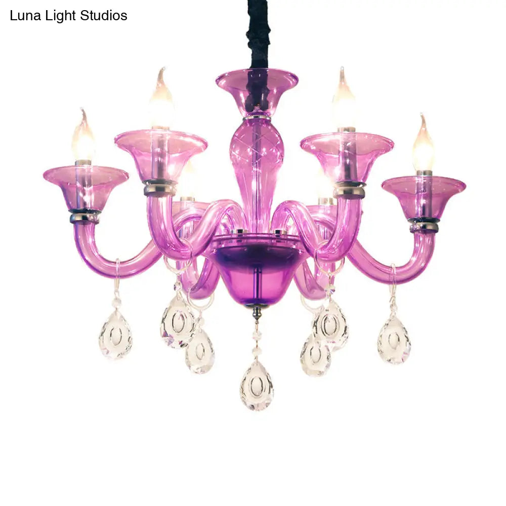 Modern Hanging Chandelier With Clear Crystal Glass 6 Bulbs - Purple Pendant Ceiling Light