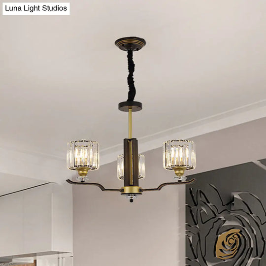 Modern Crystal Block Cylinder Pendant Chandelier - Black & Gold 3/6 Heads 3 / Black-Gold