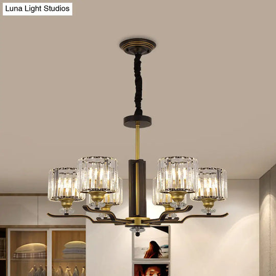 Modern Crystal Block Cylinder Pendant Chandelier - Black & Gold 3/6 Heads 6 / Black-Gold