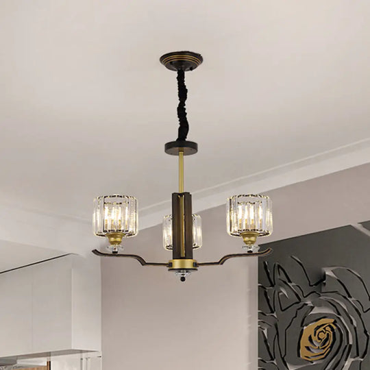 Modern Hanging Crystal Block Chandelier With Black & Gold Accents - 3/6 Heads Pendant Light 3 /