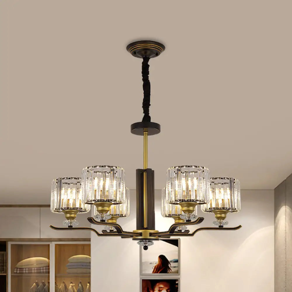 Modern Hanging Crystal Block Chandelier With Black & Gold Accents - 3/6 Heads Pendant Light 6 /