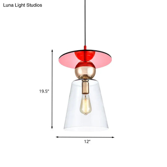 Modern Hanging Light Kit - Clear Glass Cup Shape Pendant With Red Disc Top