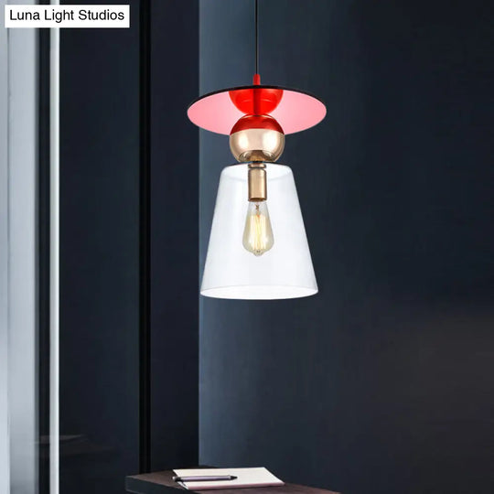 Modern Hanging Light Kit - Clear Glass Cup Shape Pendant With Red Disc Top