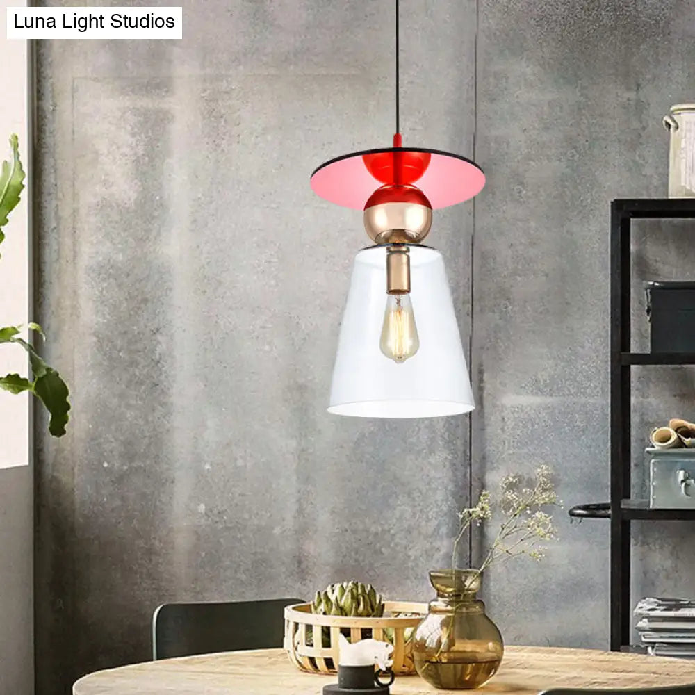 Modern Hanging Light Kit - Clear Glass Cup Shape Pendant With Red Disc Top