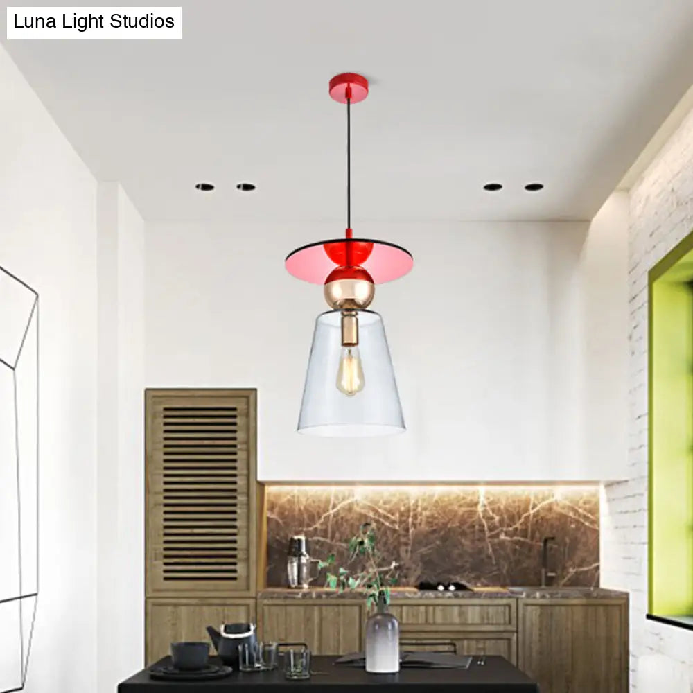 Modern Hanging Light Kit - Clear Glass Cup Shape Pendant With Red Disc Top