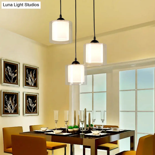 Contemporary Hanging Glass Pendant Light For Dining Room - White Cylinder Design