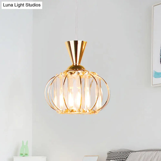Modern Hanging Lamp Kit: Metallic Pendant Light With Crystal Drum Shade In Black/Gold - Perfect For