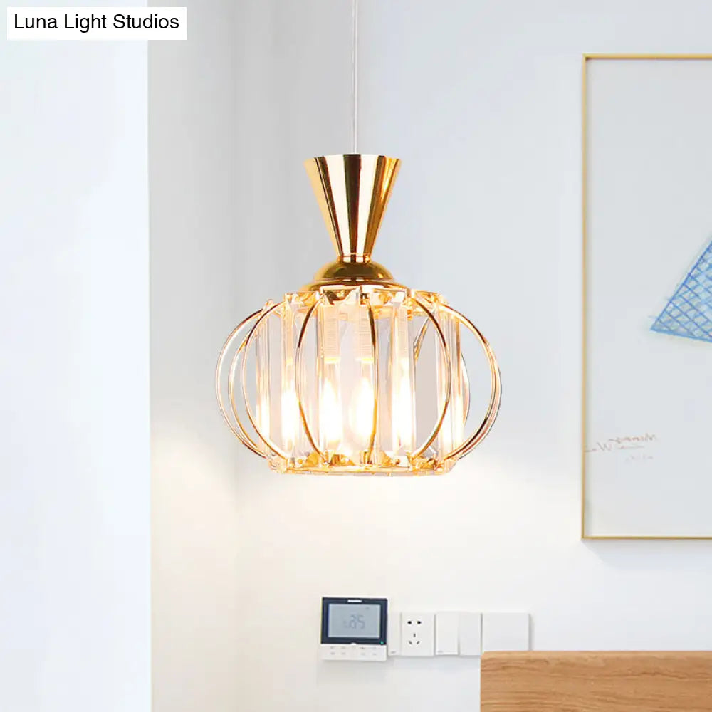 Modern Hanging Lamp Kit: Metallic Pendant Light With Crystal Drum Shade In Black/Gold - Perfect For