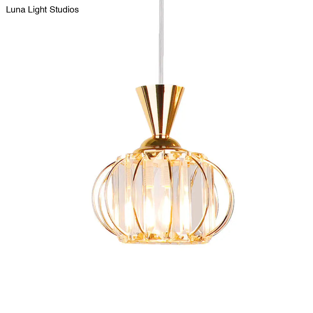 Modern Hanging Lamp Kit: Metallic Pendant Light With Crystal Drum Shade In Black/Gold - Perfect For