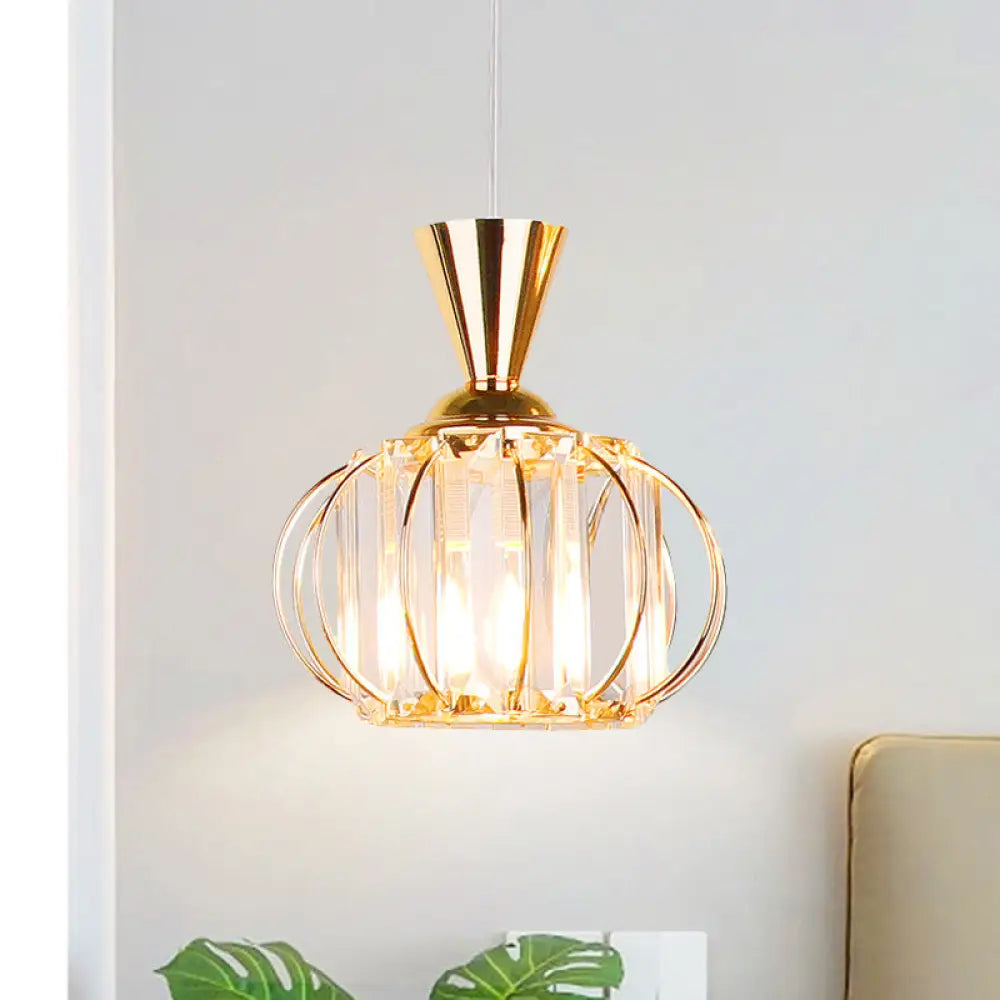 Modern Hanging Lamp Kit: Metallic Pendant Light With Crystal Drum Shade In Black/Gold - Perfect For