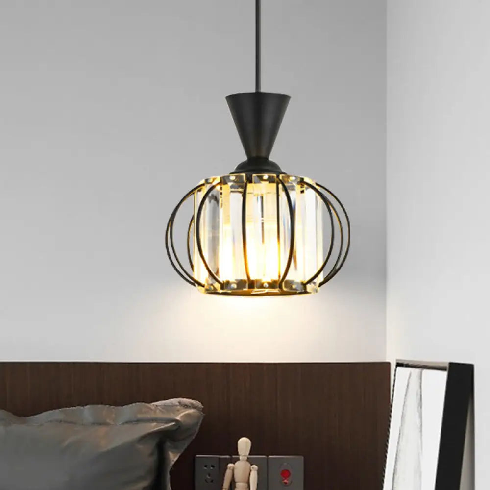 Modern Hanging Lamp Kit: Metallic Pendant Light With Crystal Drum Shade In Black/Gold - Perfect For