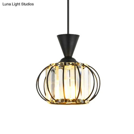 Modern Hanging Lamp Kit: Metallic Pendant Light With Crystal Drum Shade In Black/Gold - Perfect For