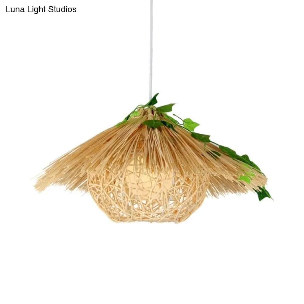 Rattan Shade Hanging Lamp - Modern And Novelty 1-Light Beige House Suspension Pendant 16/19.5 Width