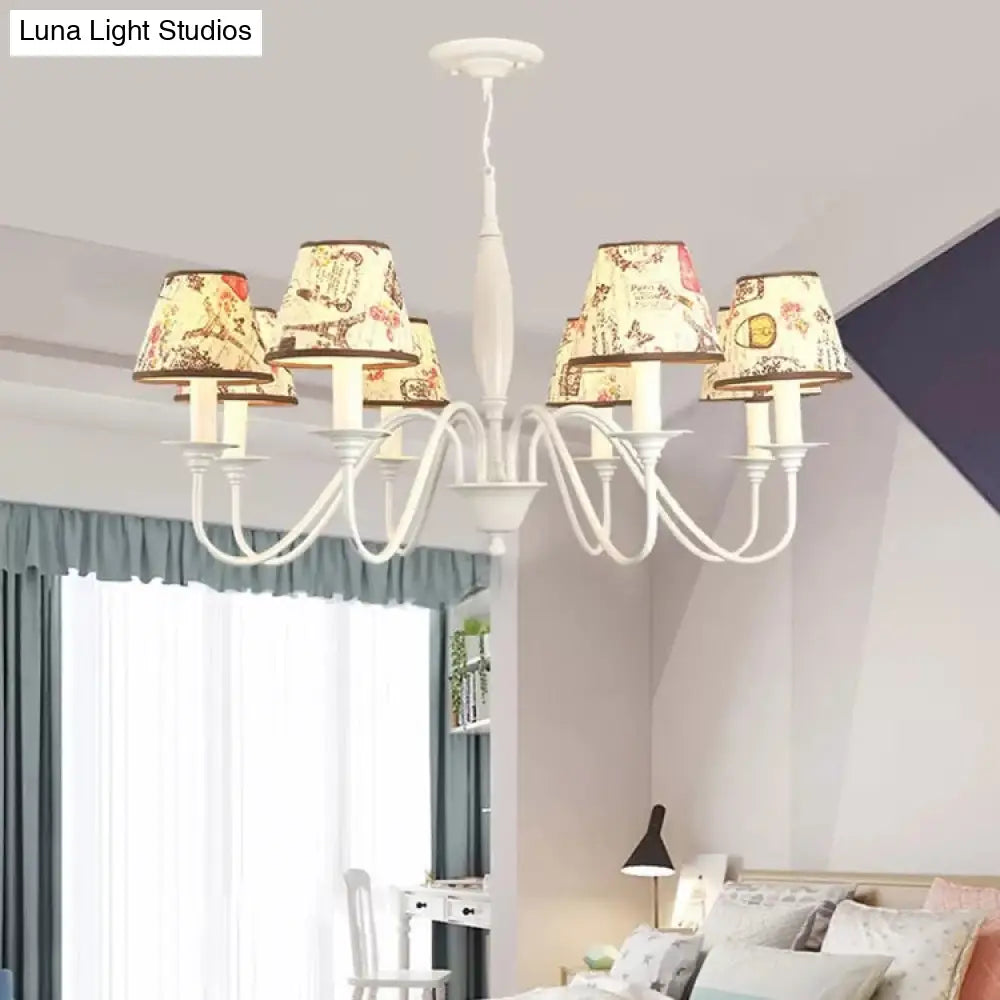 Modern Hanging Light Chandelier For Study Room - Metal Frame With White Fabric Shade