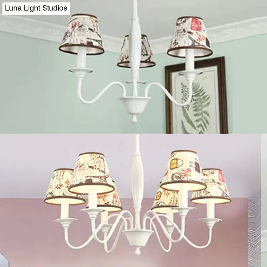 Modern Hanging Light Chandelier For Study Room - Metal Frame With White Fabric Shade