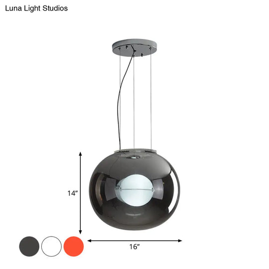 Postmodern Double Globe Hanging Light - White/Red/Smoke Grey Glass Kitchen Pendant Lamp 1 Bulb 12/16