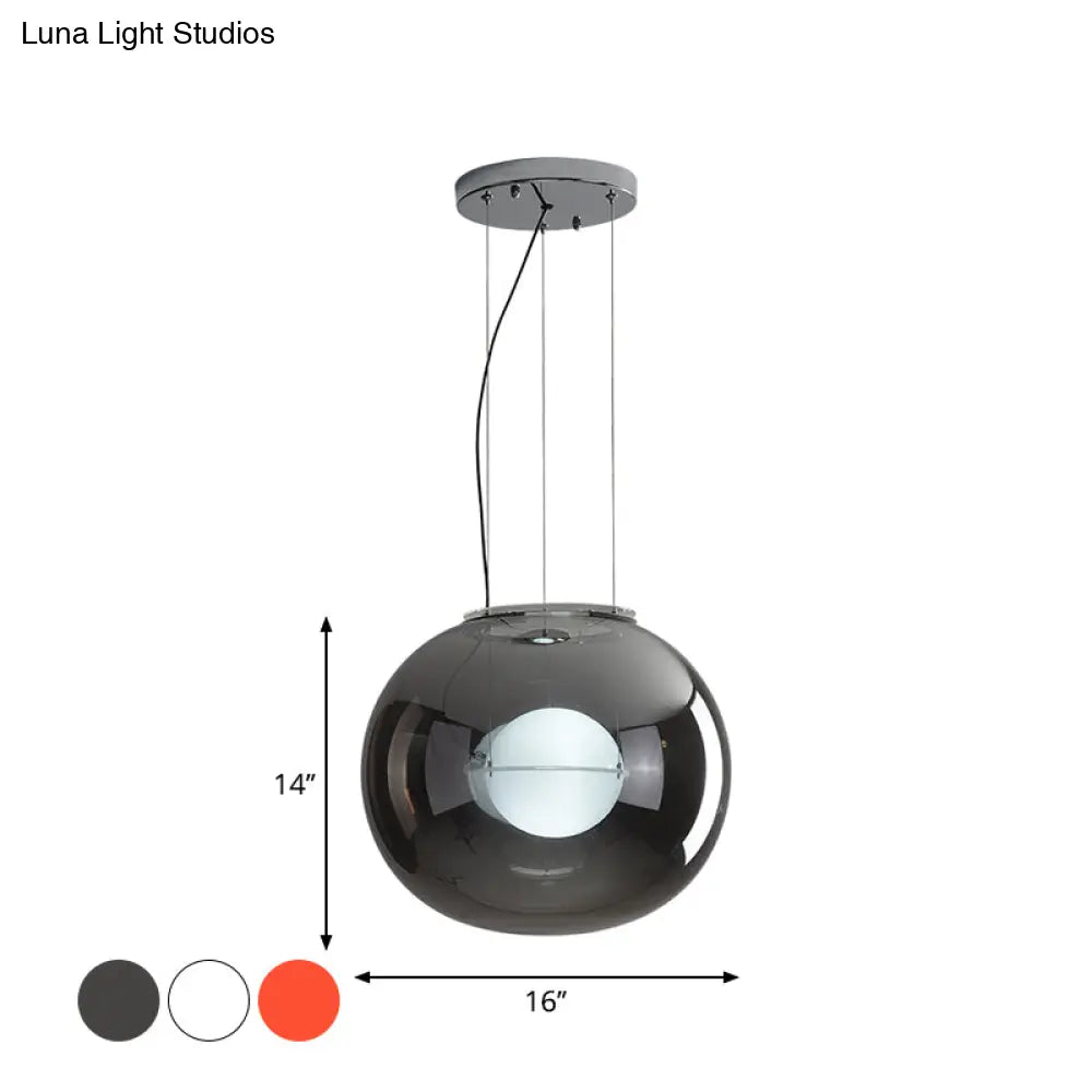 Modern Hanging Light With Double Globe White/Red/Smoke Grey Glass 1 Bulb Kitchen Pendant Lamp