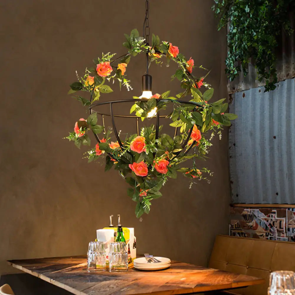 Modern Hanging Pendant Light With Flower Basket Design 1-Light Black Iron Fixture For Restaurants