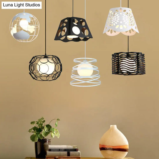 Black/White Hanging Pendant Light With Metal Spring Opal Glass Shade