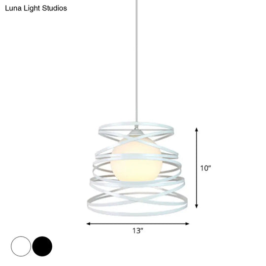 Modern Hanging Pendant Light With Opal Glass Shade - Black/White Finish