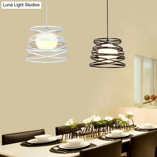 Black/White Hanging Pendant Light With Metal Spring Opal Glass Shade White /