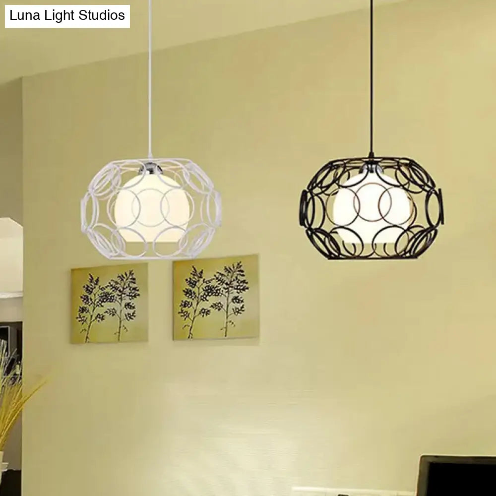 Black/White Hanging Pendant Light With Metal Spring Opal Glass Shade White / Oval