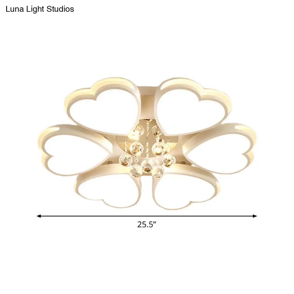 Modern Heart-Shaped Acrylic Flush Mount Light With Crystal Ball - 6 Bulbs White Perfect For Living