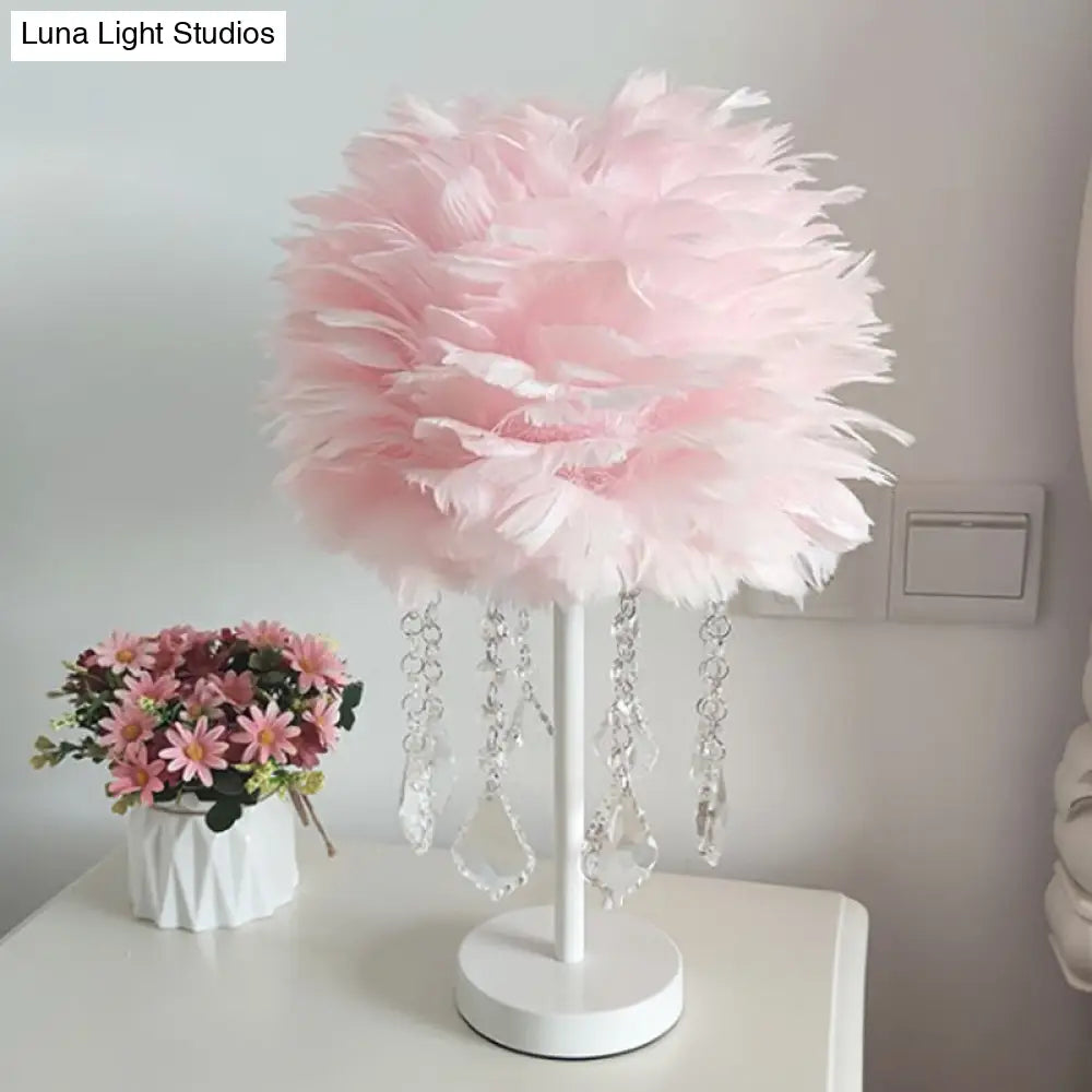 Modern Hemisphere Feather Table Lamp With Crystal Ball And Night Light - Grey/White/Pink