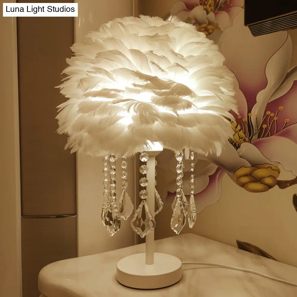 Modern Hemisphere Feather Table Lamp With Crystal Ball And Night Light - Grey/White/Pink