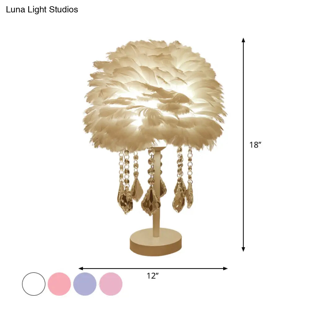 Modern Hemisphere Feather Table Lamp With Crystal Ball And Night Light - Grey/White/Pink