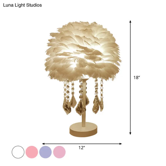 Modern Hemisphere Feather Table Lamp With Crystal Ball And Night Light - Grey/White/Pink